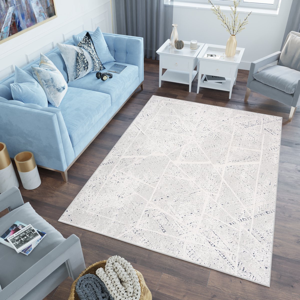Tapiso Lotus Vloerkleed Beige Blauw Lijnen Woonkamer Laagpolig Tapijt Maat- 160x220