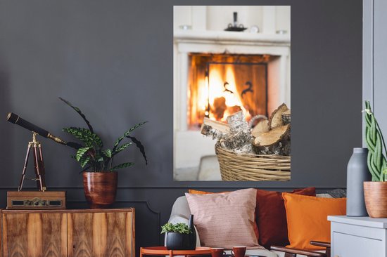 Sticker Muursticker Cheminées - Panier arrière de cheminée avec bois - 80x120 cm - Feuille adhésive autocollante - Sticker mural repositionnable