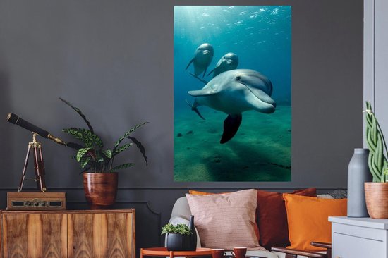 Sticker Muursticker Animaux aquatiques marins - Photo sous-marine de trois dauphins - 80x120 cm - film adhésif autocollant - sticker mural repositionnable