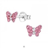 Oorbellen meisje zilver | Zilveren oorstekers, roze vlinder van kristallen