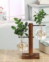 Houten/glazen vintage vaas met dubbel glas - Geschikt voor stekjes, bloemen, waterplanten (Hydroponie) - Trendy - Vintage - Sfeer - Vaas - Binnen en Buiten - Hout - Glas - Transpar