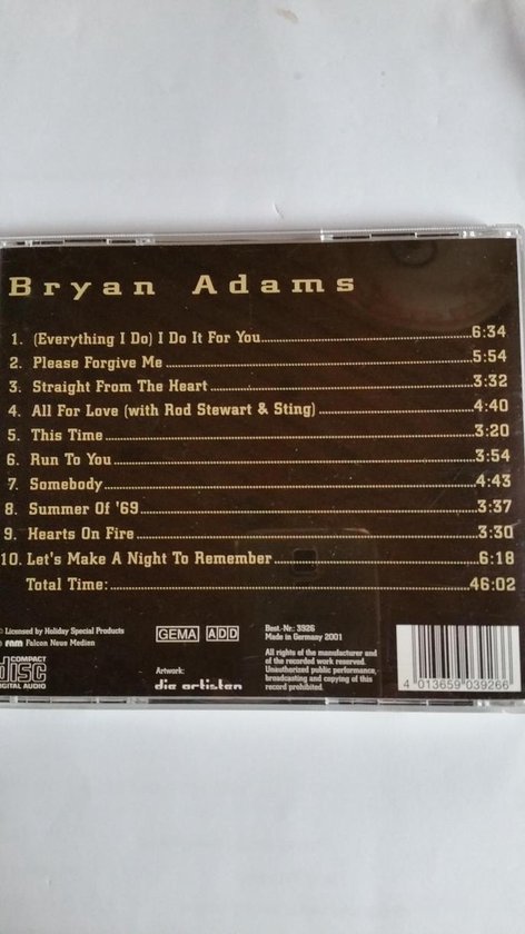 Bryan Adams albumtracklist, inclusief Everything I Do I Do It For You.