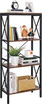 Boekenkast, staand rek, ladderrek, keukenrek met 4 open planken, hal, keuken, kantoor, stabiel stalen frame, industrieel design, vintage bruin-zwart LLS030B01