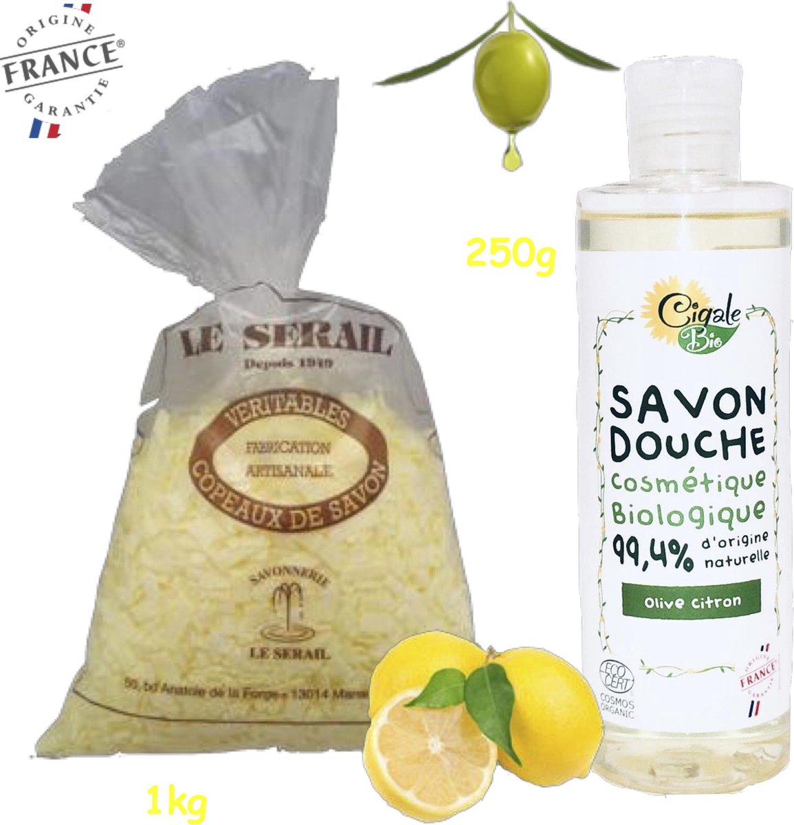 Bio AKTIE voordeel pakket. Biologische olijf olie en citroen douchegel 250ml. Citroen zeepvlokken 1kg. Zonder conserveringsmiddelen.