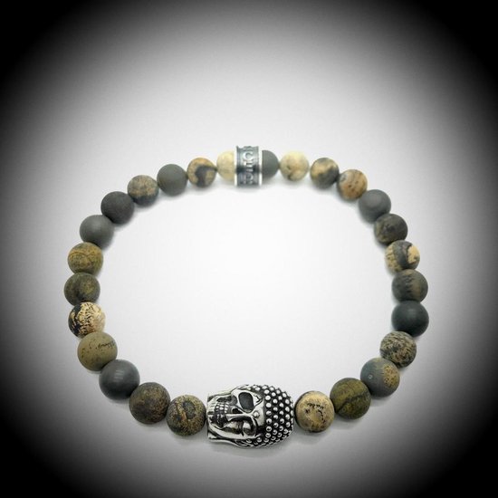 Bracelet en Natuursteen avec breloque tête de mort / bouddha / bouddha en Argent sterling 925 de 13 grammes d' Argent , bracelet de pierres précieuses fait à la main avec des perles de 8 mm (jaspe Arctic mat).