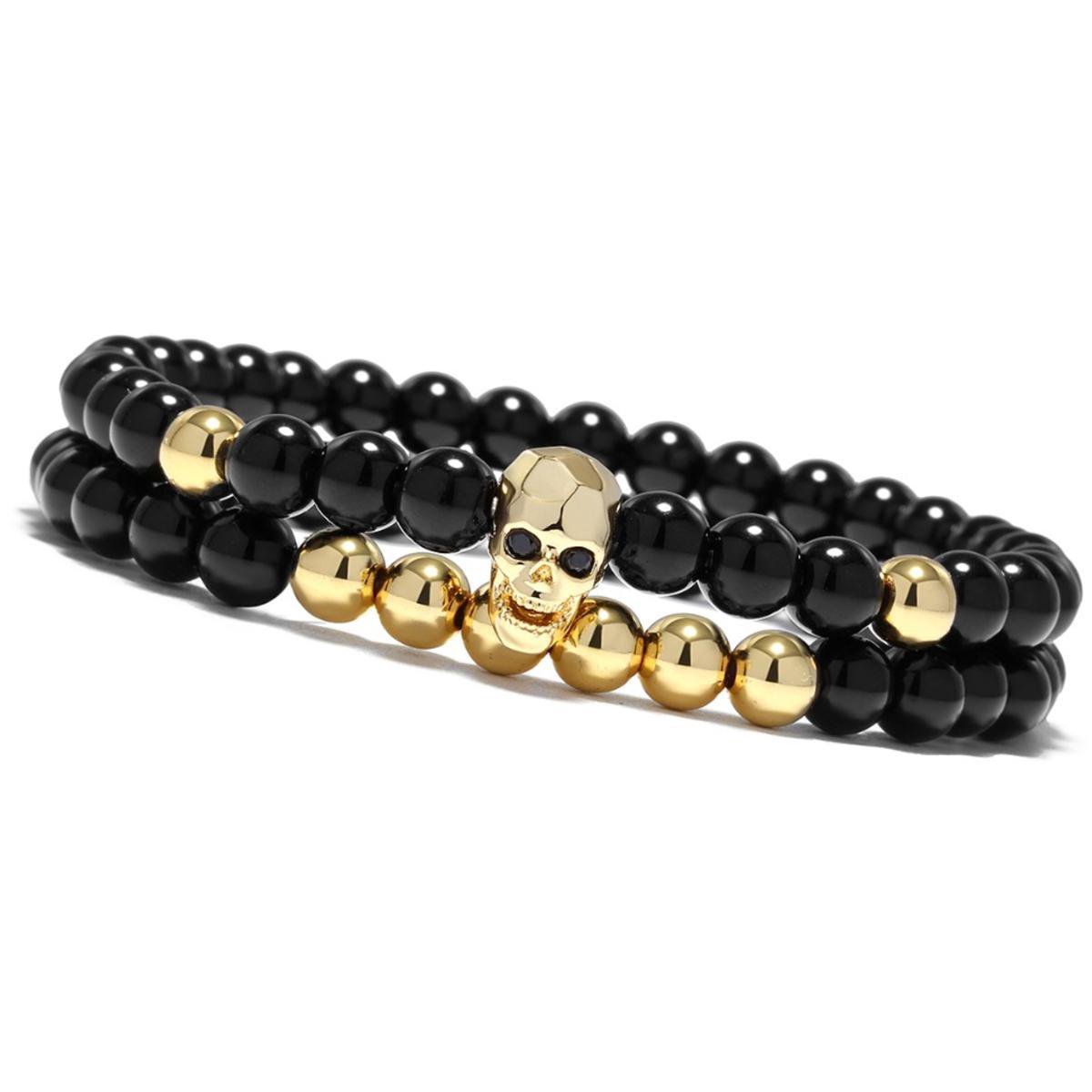 Victorious Set Natuurstenen Kralen Armbanden Heren – Gouden Schedel – Zwart – 18cm