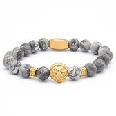 Victorious Natuurstenen Kralen Armband Heren – Bronzen Leeuw – Grijs/Zwart – 17cm