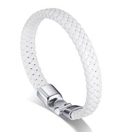 Victorious Leren Armband – Heren Armband – Dames Armband – Leer en Roestvrij Staal - Wit/Zilver – 18.5cm