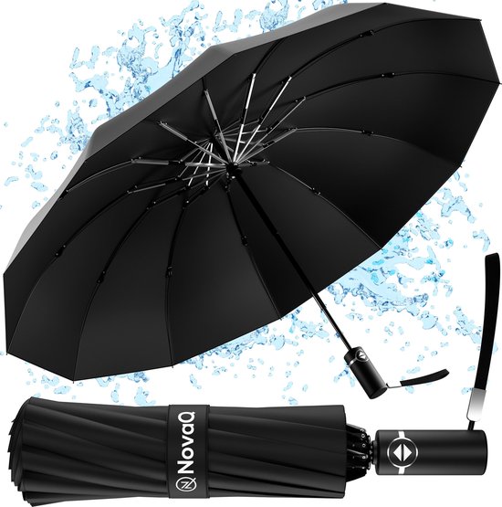 Parapluie tempête pliable - Noir - Dragonne - Ouverture automatique - Résiste à des vents jusqu'à 100 km/h - 110 cm - 12 panneaux
