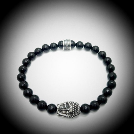 Bracelet en Natuursteen avec breloque crâne / bouddha / bouddha en Argent sterling 925 de 13 grammes d' Argent , bracelet de pierres précieuses fait à la main avec des perles de 8 mm ( Onyx brillant).