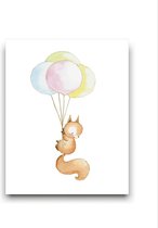 Eekhoorntje met Ballonnen - Kinderkamer - Dieren Schilderij - Babykamer / Kinder Schilderij - Babyshower Cadeau - Muurdecoratie - 50x40cm - FramedCity