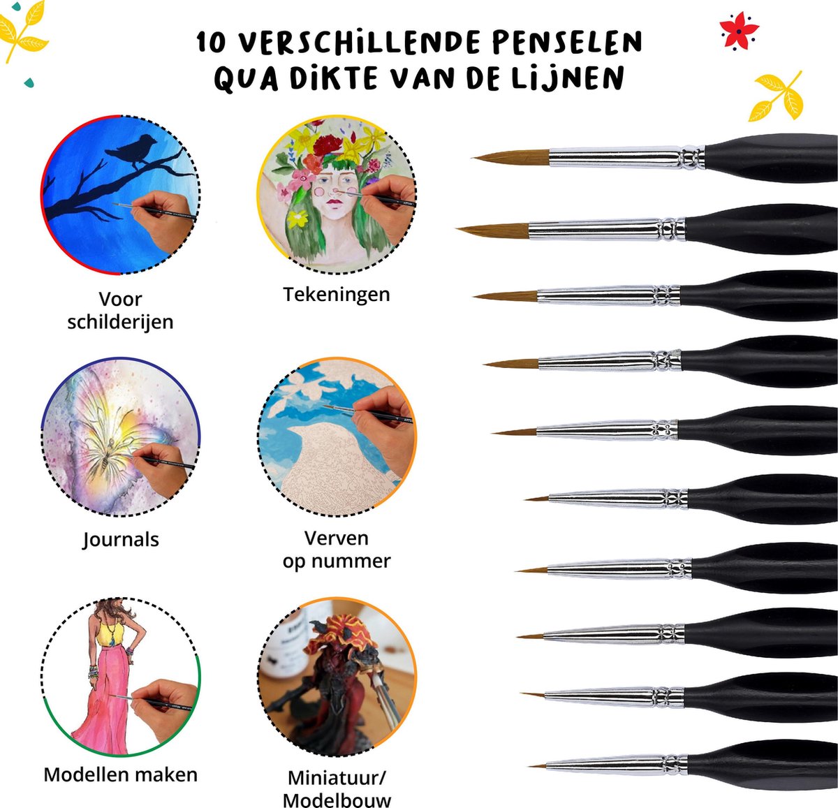 Penselen Set voor Schilderen op Nummer - 10 Delig - Waterverf - Aquarelverf - Acrylverf - Modelbouw - Warhammer 40k - Volwassenen — afbeelding 2