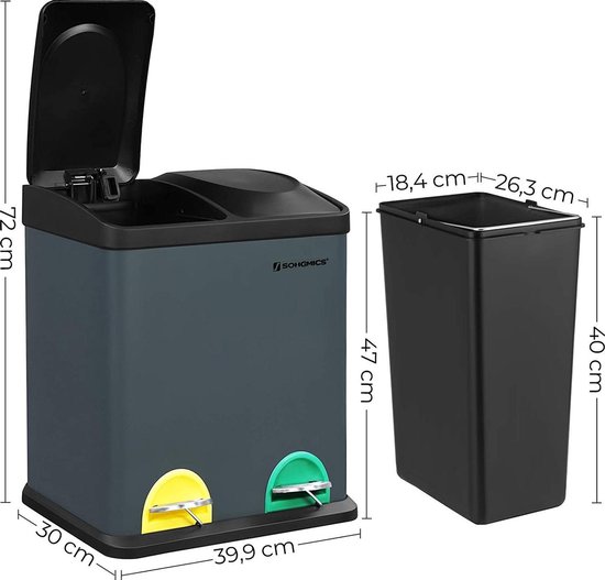 Afvalbak Voor De Keuken, Afvalbak, 45 Liter, Afvalbak Met Binnenbak Afvalscheidingssysteem Pedaalemmer Van Roestvrij Staal 3 X 15 Liter Rookgrijs En Zwart