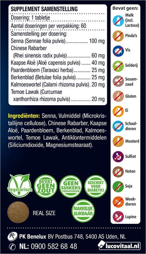 Supplement samenstelling met o.a. Senna, Chinese rabarber, Aloë, Paardenbloem, Berkenblad, Kalmoeswortel en Temoe Lawak. Bevat geen melk, pinda's, vis, selderij, sesamzaad, gluten, ei, schaaldieren, mosterd, sulfiet, noten, soja, weekdieren, lupine. Vegetarisch.