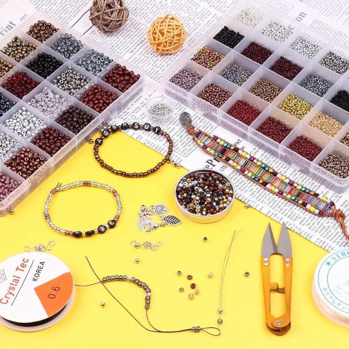 Fako Bijoux - DIY Kralen Set - Glas Zaad Kralen - Glaszaad Donker/Goud/Zilver - Glaskralen - Sieraden Maken - Hobby - Kralenset - Kralendoos - 4mm - 4800 Stuks — afbeelding 3