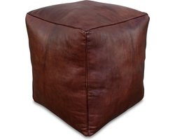 Leren poef (XL) - Donkerbruin - Vierkante poef - Handgemaakt en uniek - Gevuld geleverd - Poufs&Pillows