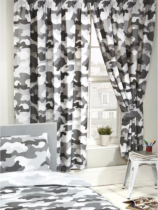 Gordijnen (2 stuks) voor de kinderkamer in legerkleuren camouflage grijs ( zwart-wit),... | bol.com