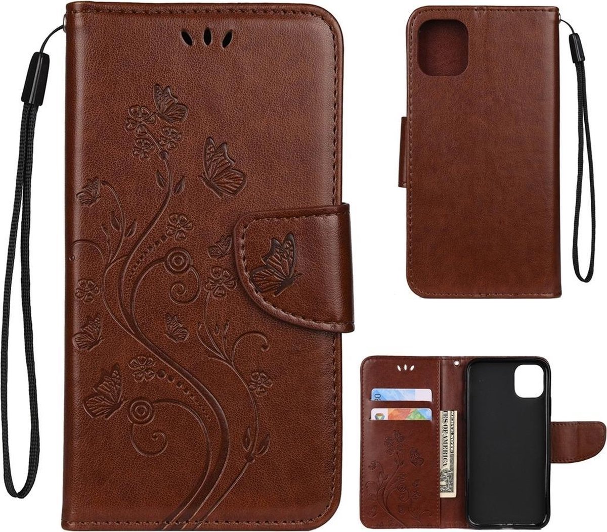 Mobigear Telefoonhoesje geschikt voor Apple iPhone 11 Hoesje | Mobigear Flowers Bookcase Portemonnee | Pasjeshouder voor 2 Pasjes | Telefoonhoesje voor Pinpas / OV Kaart / Rijbewijs - Bruin