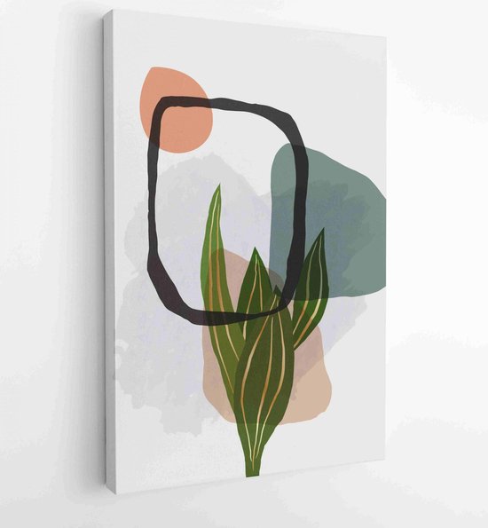Botanical watercolor wall art vector set. Earth tone boho foliage line ...