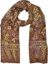 Sjaal gemaakt van rayon figuren in de kleuren bruin beige geel paars, lengte 175 cm en breedte 65 cm.