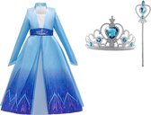 Prinsessenjurk meisje - Carnavalskleding meisje - Frozen -Elsa blauwe jurk 146/152 + Tiara / Toverstaf - Verkleedjurk - Verkleedkleding kind