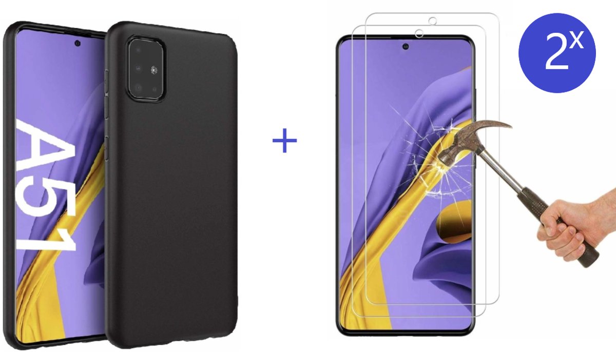 BixB Samsung A51 - Zwart hoesje TPU backcover + 2x Glazen screenprotector