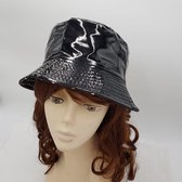 Bucket Hat glanzend zwart - Dames hoed omkeerbaar - mooie regenhoed dubbelzijdig - one size 56-58 cm