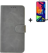 Geschikt voor Samsung Galaxy F62/ M62 Hoesje - F62/ M62 Full Screenprotector - Bookcase Wallet Grijs Cover + Full Tempered Glass