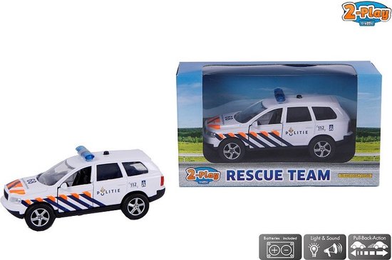 Witte politieauto met oranje/blauwe strepen, naast de verpakking 'RESCUE TEAM' met de auto erin en iconen.