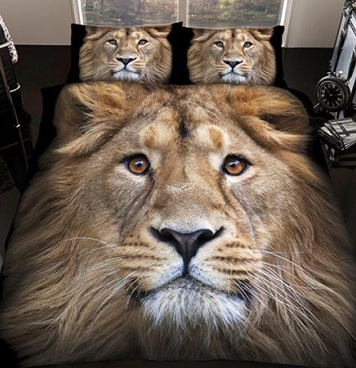 2-persoons dekbedovertrek (dekbed hoes) zwart / bruin met 3D fotoprint van een leeuw / leeuwenkop / dier natuur (wildlife lion) tweepersoons 200 x 200 cm (cadeau idee!)