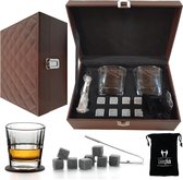 Whiskey Glazen Set - Whiskey Stones - Herbruikbare IJsblokjes - Whisky Cadeau Set in Leren Geschenkdoos - Sigarenknipper