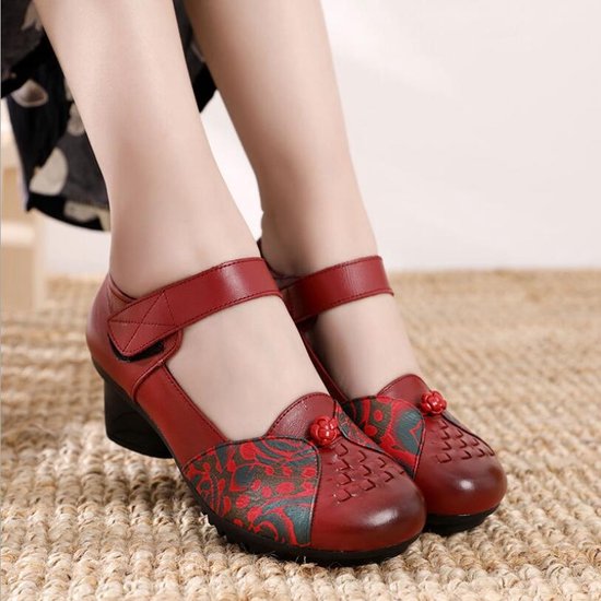 Damesschoenen Leren schoenen met vierkante hak, maat: 36 (rood)