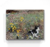 Kat in een bloemenweide - Bruno Liljefors - 24 x 19,5 cm - Niet van echt te onderscheiden houten schilderijtje - Mooier dan een schilderij op canvas - Laqueprint.