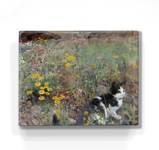 Schilderij - Kat in een bloemenweide - Bruno Liljefors - 24 x 19,5 cm - Niet van echt te onderscheiden handgelakt schilderijtje op hout - Mooier dan een print op canvas.