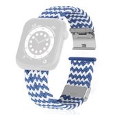 Gevlochten + roestvrijstalen vervangende horlogebanden voor Apple Watch Series 6 & SE & 5 & 4 44 mm / 3 & 2 & 1 42 mm (horizontaal blauw wit)
