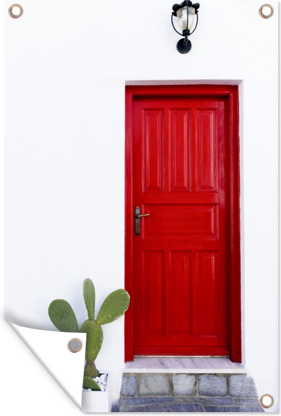 Tuinposter - Tuindoek - Tuinposters buiten - Cactus dichtbij een rode deur - 80x120 cm - Tuin