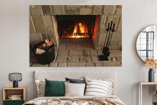 Cheminée dans un mur de pierre 180x120 cm - Tirage photo sur toile (Décoration murale salon / chambre) XXL / Groot format!