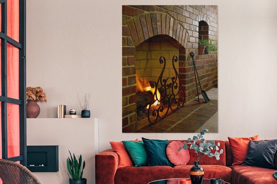 Feu dans une cheminée 120x160 cm - Tirage photo sur toile (Décoration murale salon / chambre) XXL / Grand format!