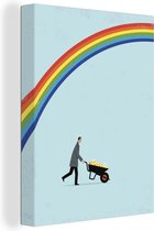 Canvas Schilderij Een illustratie van een man met een kruiwagen onder de regenboog - 60x80 cm - Wanddecoratie