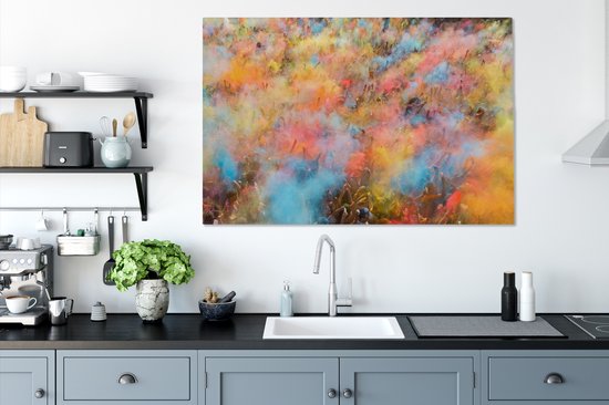 Les nuages de poudre colorés pendant la toile du festival Holi 120x80 cm - Tirage photo sur toile (Décoration murale salon / chambre)