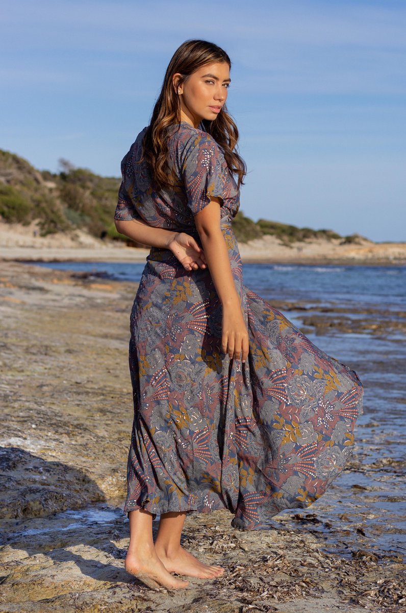 Ibizaflower Zijde Omslagjurk Lang Navy Blauw Bol