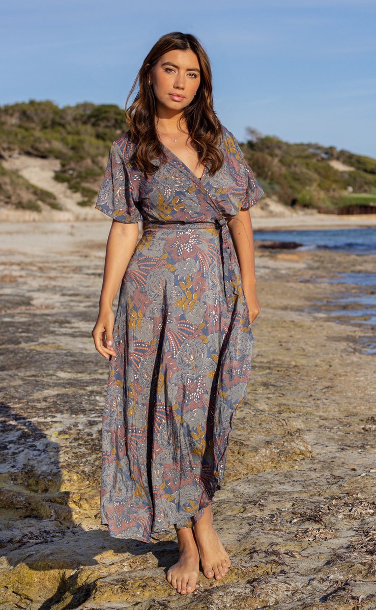 Ibizaflower zijde omslagjurk lang - navy blauw