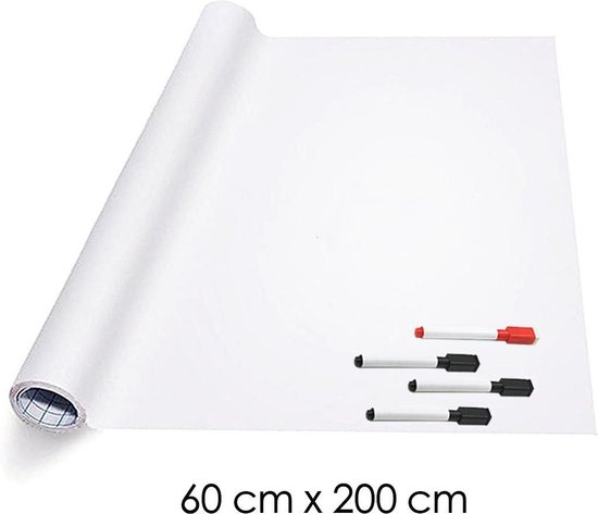 FLOKOO Tableau blanc auto-adhésif Film XL (200 x 60 cm) avec 4 Marqueurs  avec essuie -... | bol.com