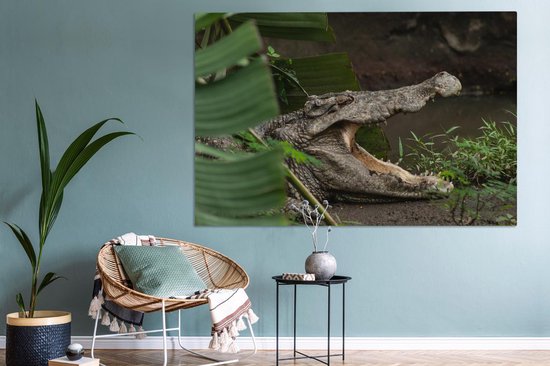 Canvas schilderij 180x120 cm - Wanddecoratie Krokodil met geopende bek - Muurdecoratie woonkamer - Slaapkamer decoratie - Kamer accessoires - Schilderijen op canvas