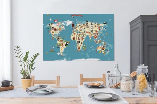 Canvas Wereldkaart - 140x90 - Wanddecoratie Wereldkaart Kinderen - Aarde - Symbolen