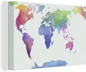 Canvas Wereldkaart - 90x60 - Wanddecoratie Wereldkaart - Kleuren - Modern