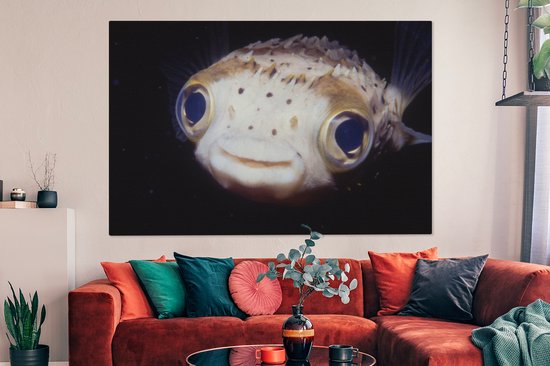 Gros plan poisson-globe 180x120 cm - Tirage photo sur Toile (Décoration murale salon / chambre) / Animaux sauvages Peintures sur toile XXL / Groot format!
