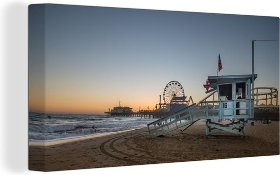 Santa Monica Pier zonsondergang Canvas 30x20 cm - Foto print op Canvas schilderij (Wanddecoratie)