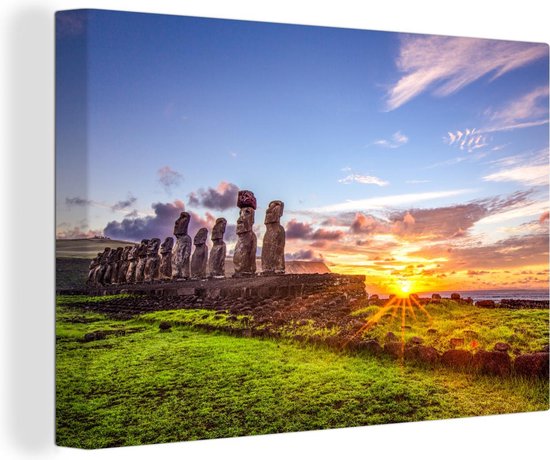 Canvas schilderij 180x120 cm - Wanddecoratie Zonsopgang achter de Moai beelden op Paaseiland - Muurdecoratie woonkamer - Slaapkamer decoratie - Kamer accessoires - Schilderijen