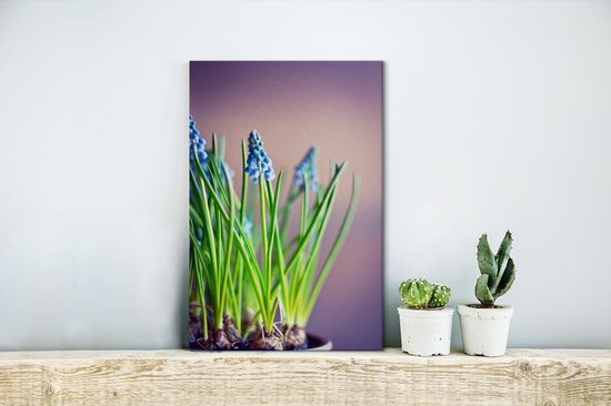 Canvas Schilderij Bloemen van een druifhyacint met een kleurrijke achtergrond - 20x30 cm - Wanddecoratie